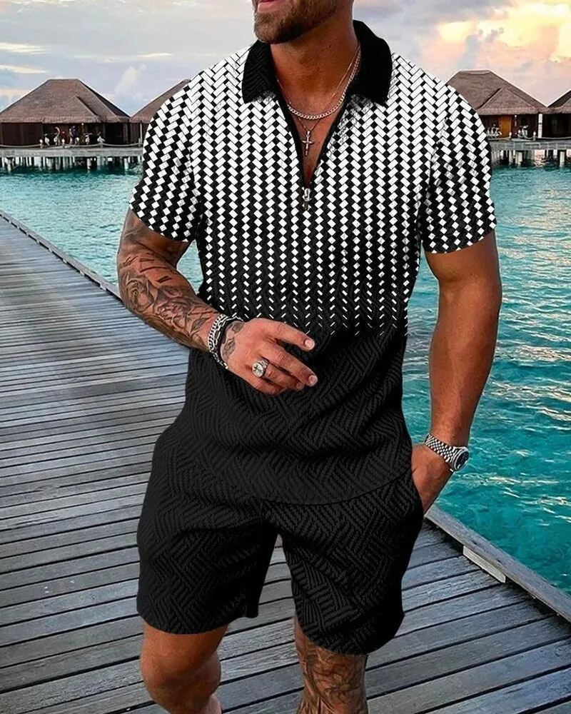 Summer New Men\'s Sweatsuit set Black and White Spot Gradient 3D Print Casual Zipper Polo Shirt + Shorts 2pcs Sets Man Clothing