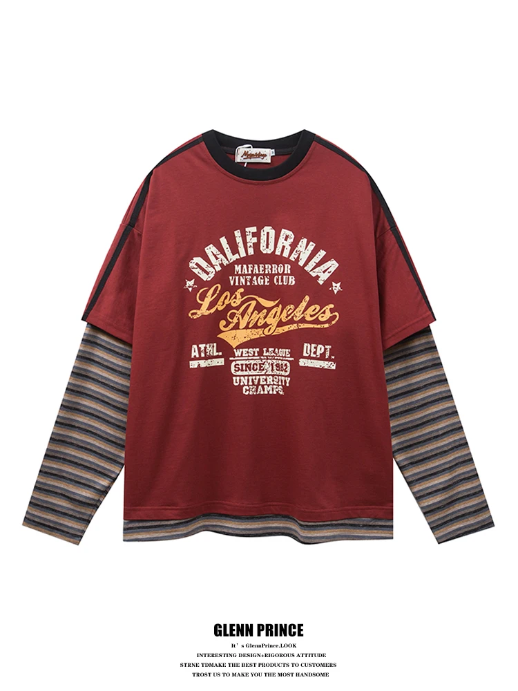 

Футболка GPstudio American Retro Patchwork с длинными рукавами, весенний дизайн, круглый вырез, хлопковая, повседневная, с полосатым узором