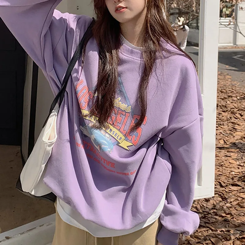 

Korean Style Comfortable Streetwear Fleece Lined Oversized Casual Sweatshirt Women's Long Sleeve round Neck Base Shirt Top