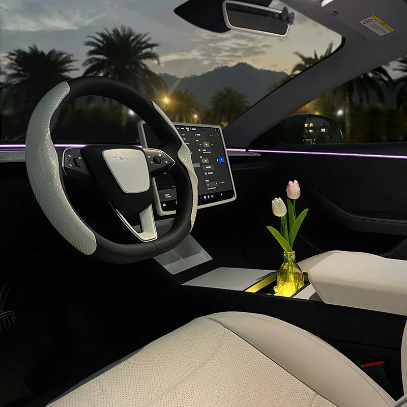 White Interior for Tesla Model 3 Highland Center Console Steering Wheel Cover Sticker Storage Anti-kick Pad Matte White Model 3+