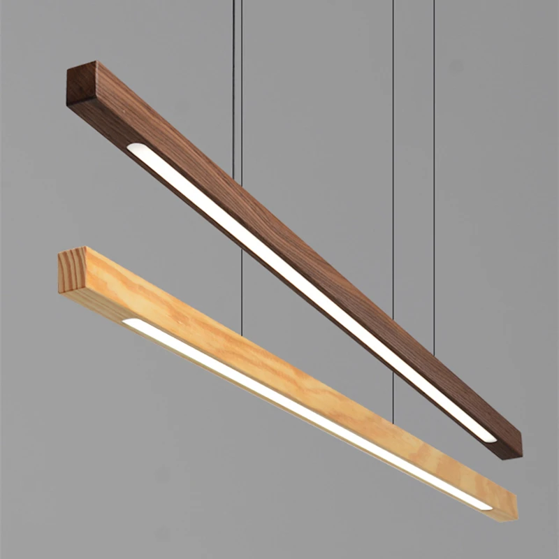 

Walnut Wood Modern Long Pendant Lamp Nordic Office Loft Hanging Lights Bedroom Dining Room Luminaire Suspension LED Linear Light
