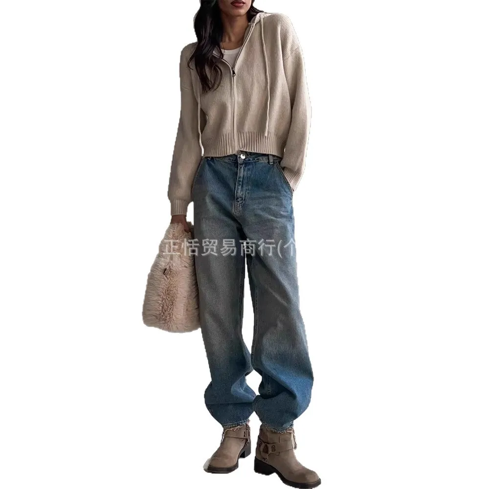 

Autumn Knitted Women's Short Cardigan with Zipper Gray Winter Sweater Casual Cute Vintage White Cardigan for Women with Hood