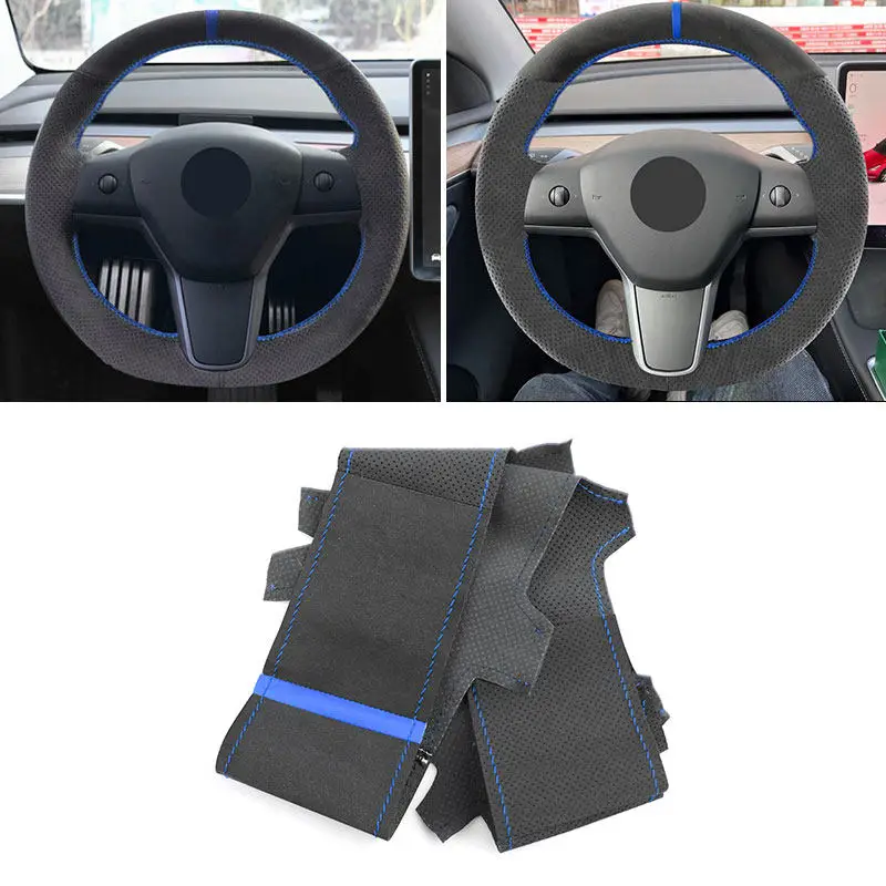 For Tesla Model 3 2015 2016 2017 2018 -2021 Model Y 2019 2020 2021 Car Steering Wheel Cover Suede Leather Trim Blue Line Strip