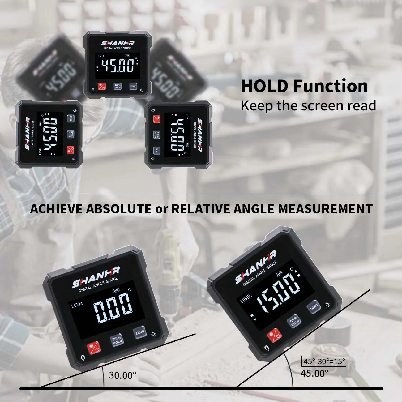 Shanhr transferidor eletrônico medidor de ângulo digital magnético de 4 lados com inclinômetro laser localizador de ângulo para medida de serra de esquadria
