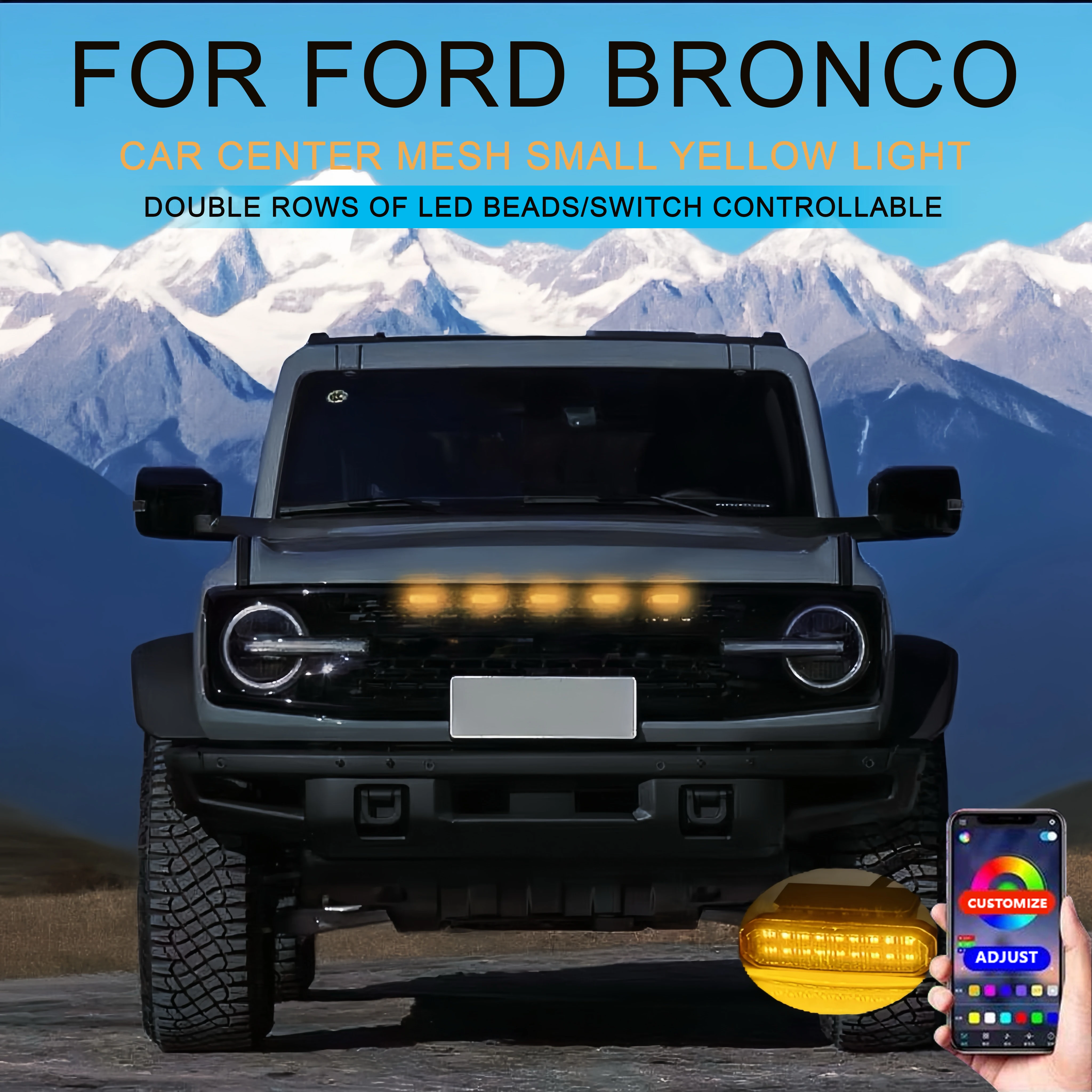 

LED Front Grille Light FOR FORD BRONCOD aytime Running Light Wheel Eyebrow Lamp 12V car center mesh small yellow light