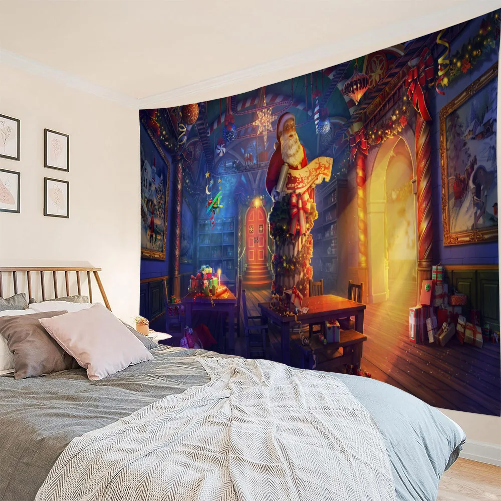 Tapiz grande de Navidad para colgar en la pared, Papá Noel, árbol de Navidad, nieve, decoración festiva para el hogar, tapiz para chimenea, regalos de navidad