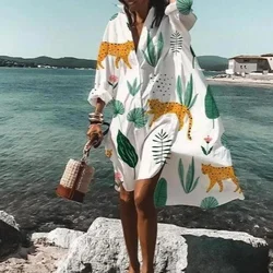 2023 Women's Beach Cover Dress Oversized Swimwear Cover Up Shirt Dresses Printing White Boho Plus Size Beach Dress