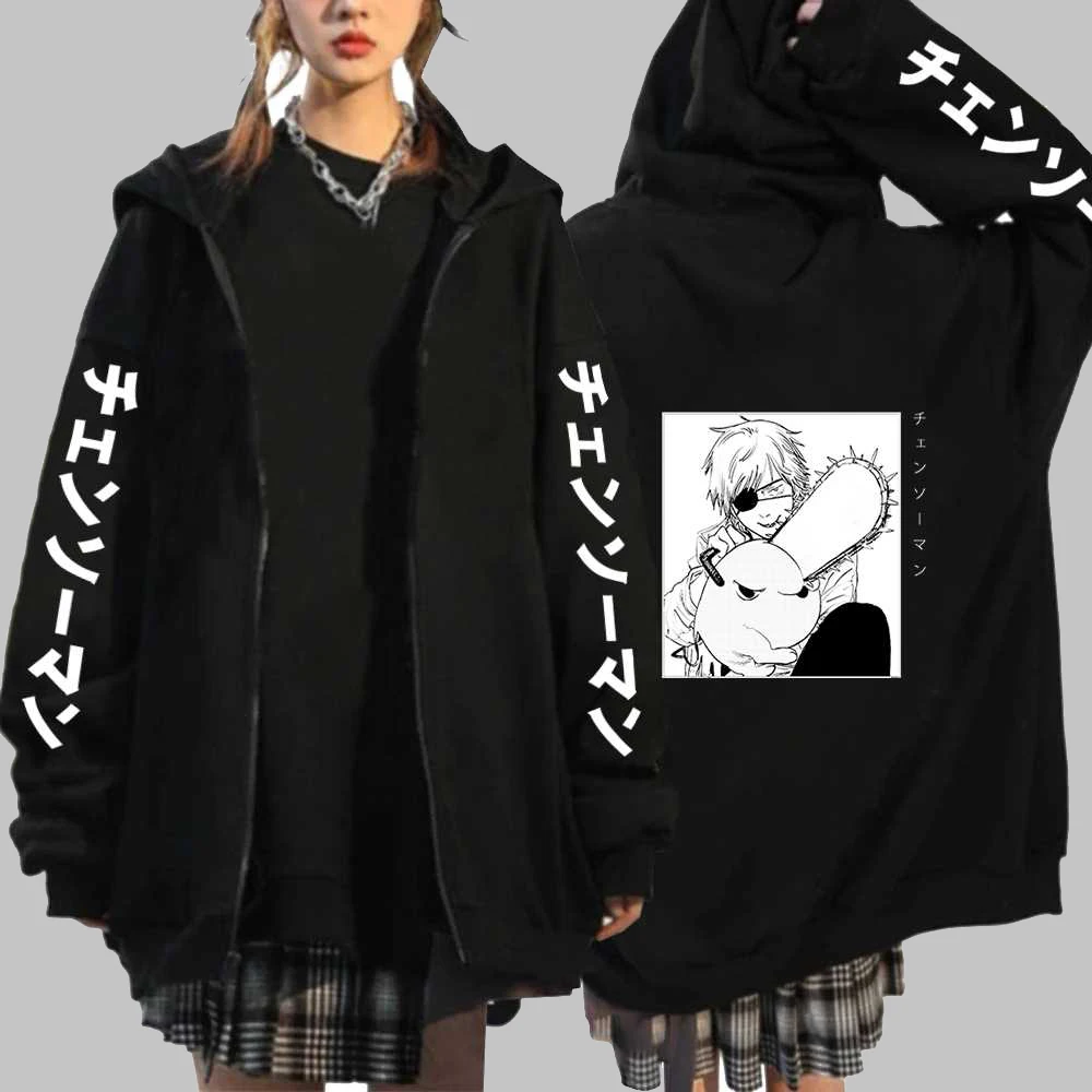 Hot Anime Chainsaw Man Power Plus Size Zip Hoodies Print Hooded Harajuku Women Long Sleeve Sweatshirts Female Zipper Jacket