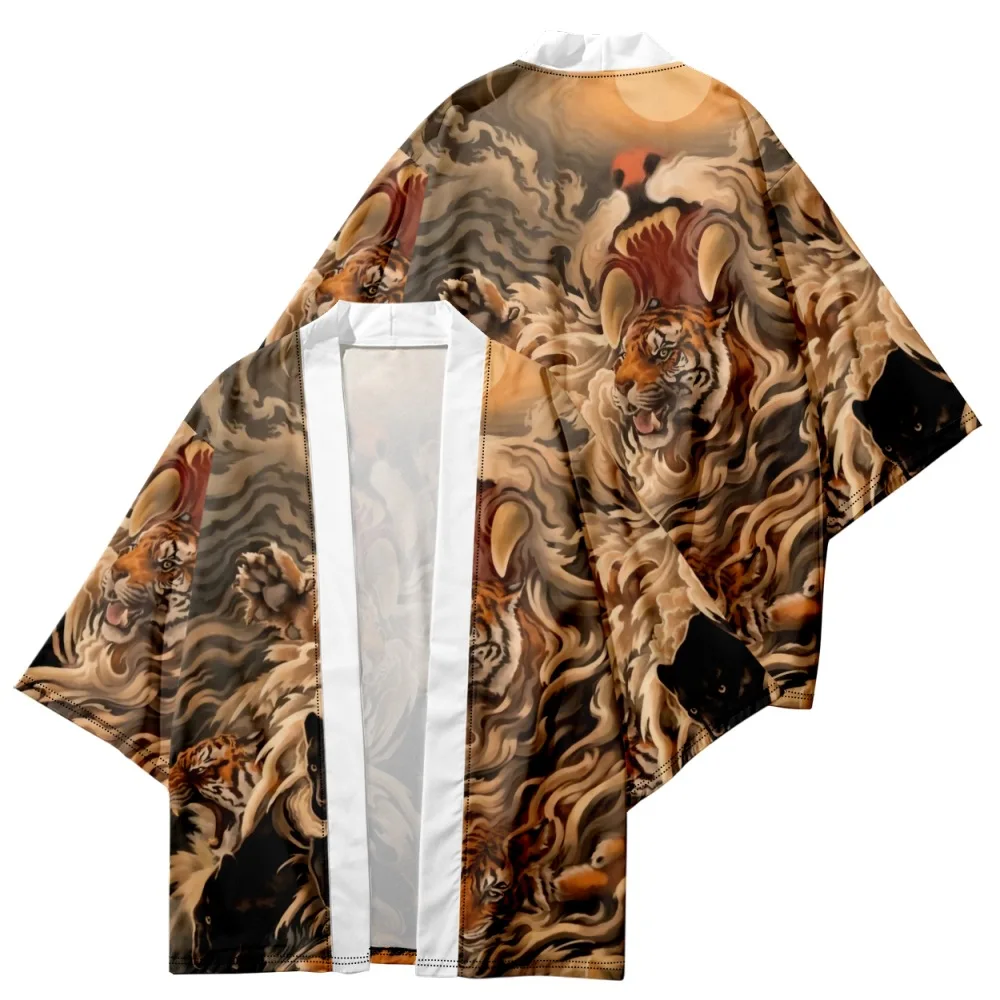 أزياء الكرتون النمر طباعة كيمونو عارضة الشاطئ سترة قمم النساء الرجال تأثيري Haori الملابس الآسيوية