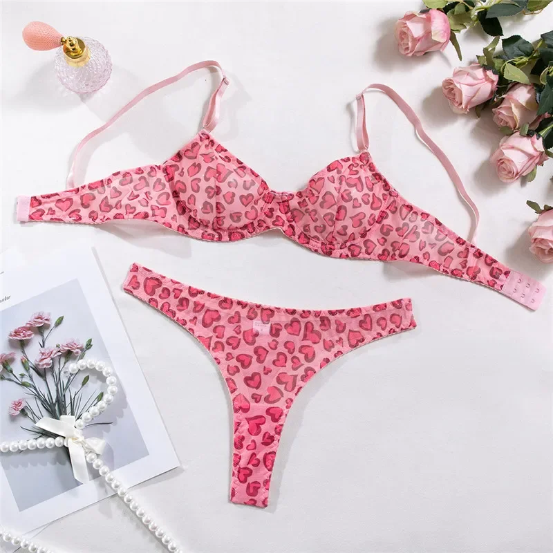 

Sexy Women Lingerie Sets Lace Underwear Dot Romantic Transparent See Through Exotic Sets Underwire Pink Leopard Bra Brief Set