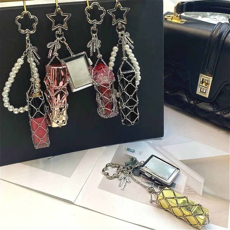 جديد زهرة مشبك اللؤلؤ السوار أحمر الشفاه سلسلة حقيبة المفاتيح غطاء مرآة شعار مخصص الشفاه بلسم كيس شبكي حلقة رئيسية النساء هدية #3