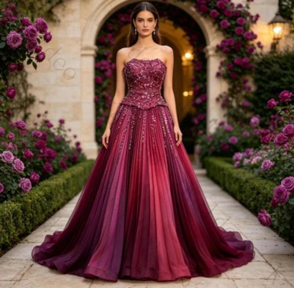 Customized Magenta Strapless A Line Evening Dress Sweetheart Neck Beaded Bodice Gradient Pleated Floor Length Formal Gown Prom
