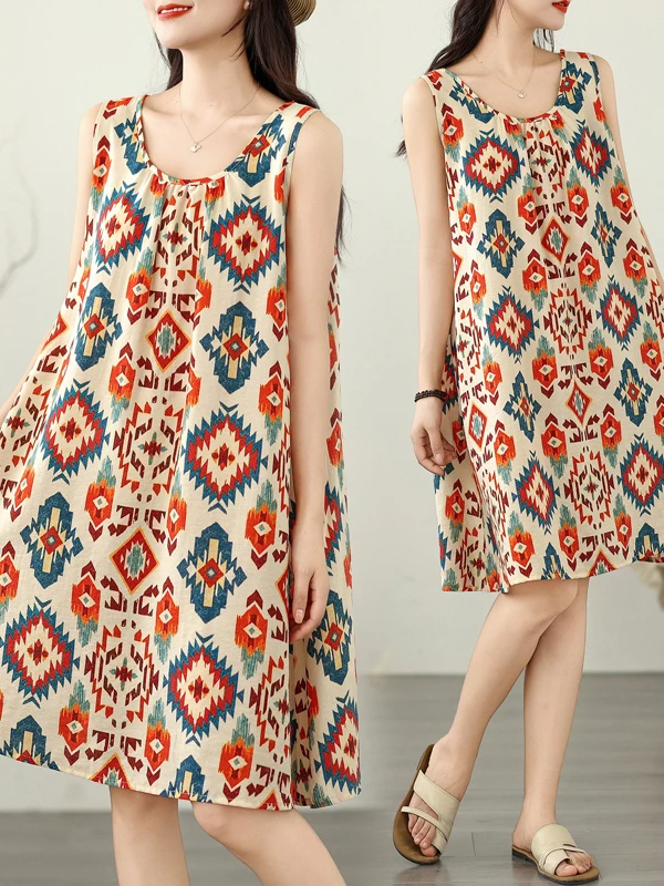 

Loose Cotton Linen Print Summer Dress for plus Size Women round Neck Sleeveless A-Line Skirt Casual Style Mid-Length Skirt