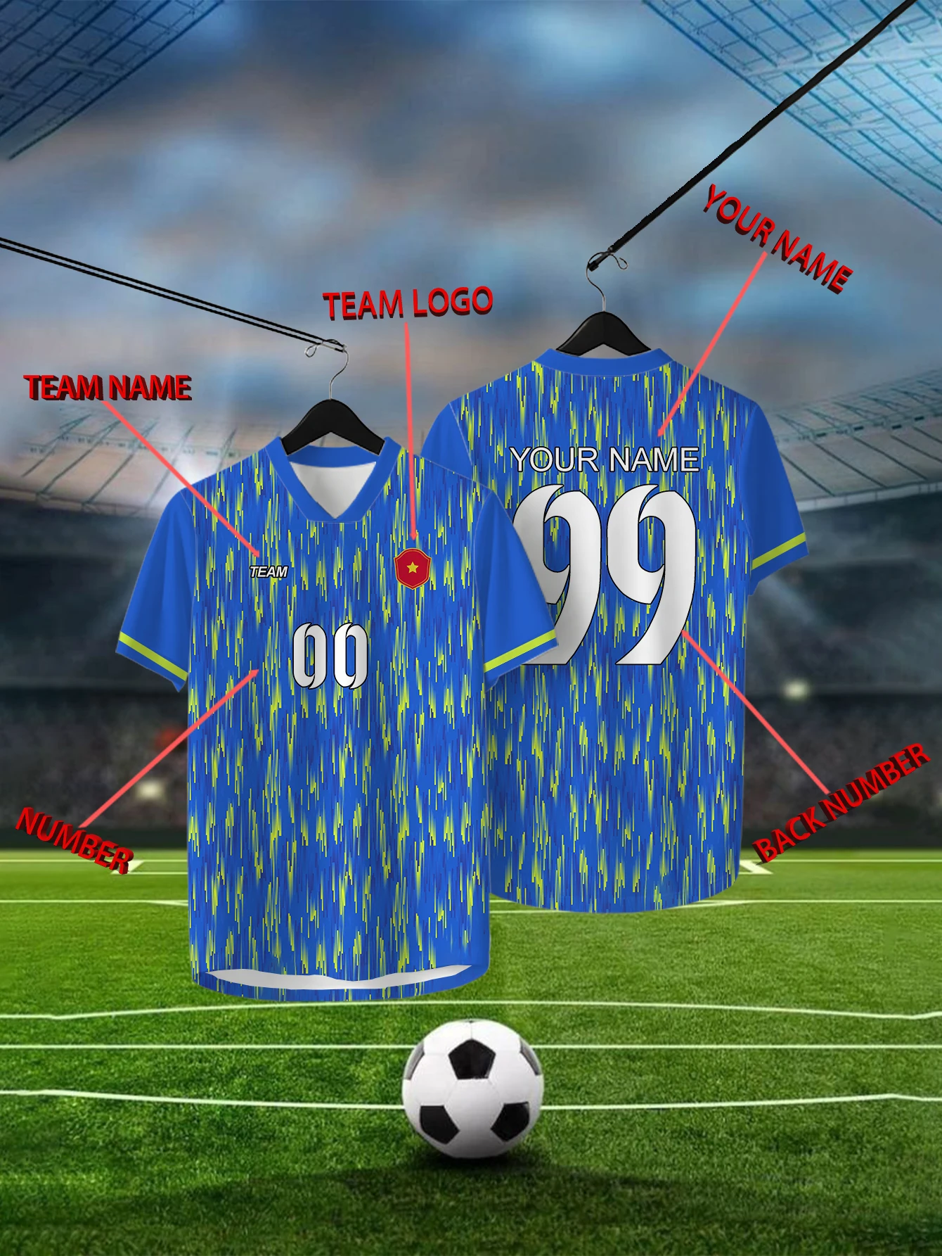 

Customized Geometric Blue Short Sleeved Shirt with Team Name, Emblem, Name and Number, Outdoor Sports Short Sleeved T-shirt