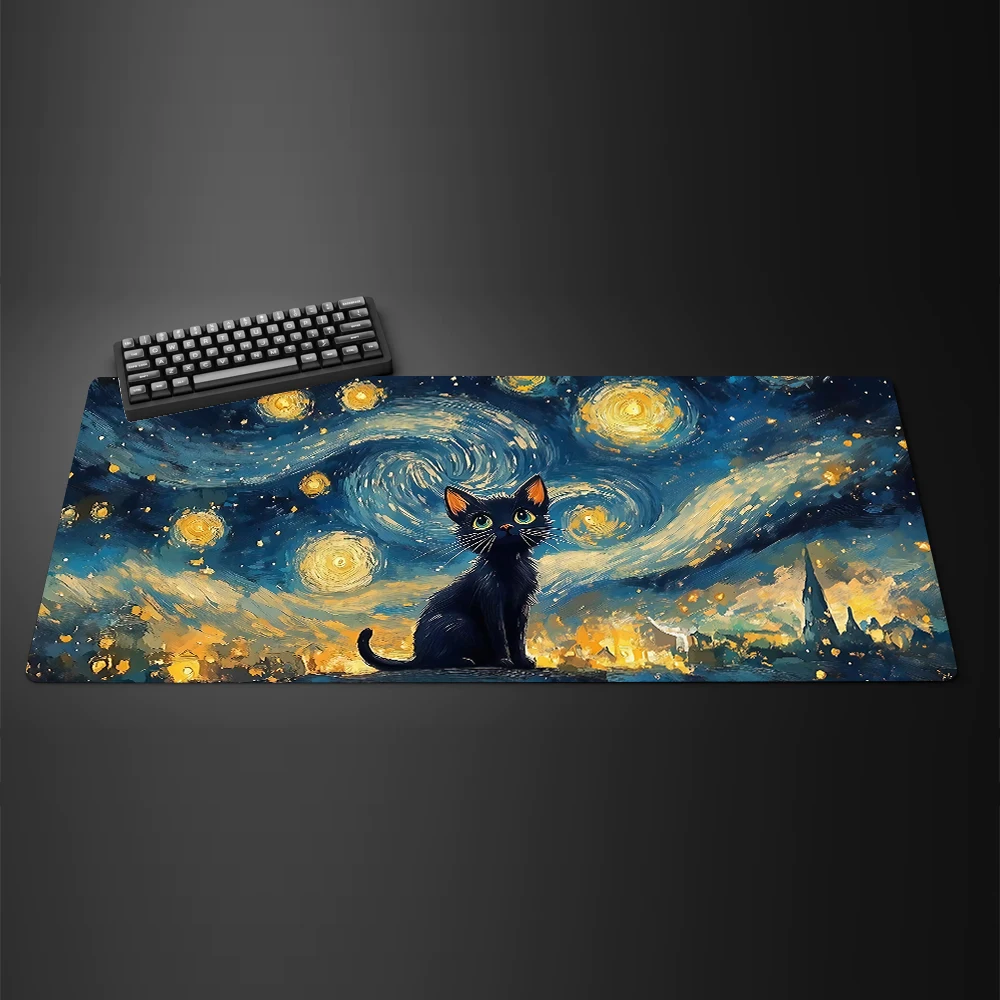 Van Gogh's Starry Night Cute Cat Large Gamer Mousepad Home Office Computer Laptop Keyboard Pad Gaming Anti-Slip Rubber Desk Mat