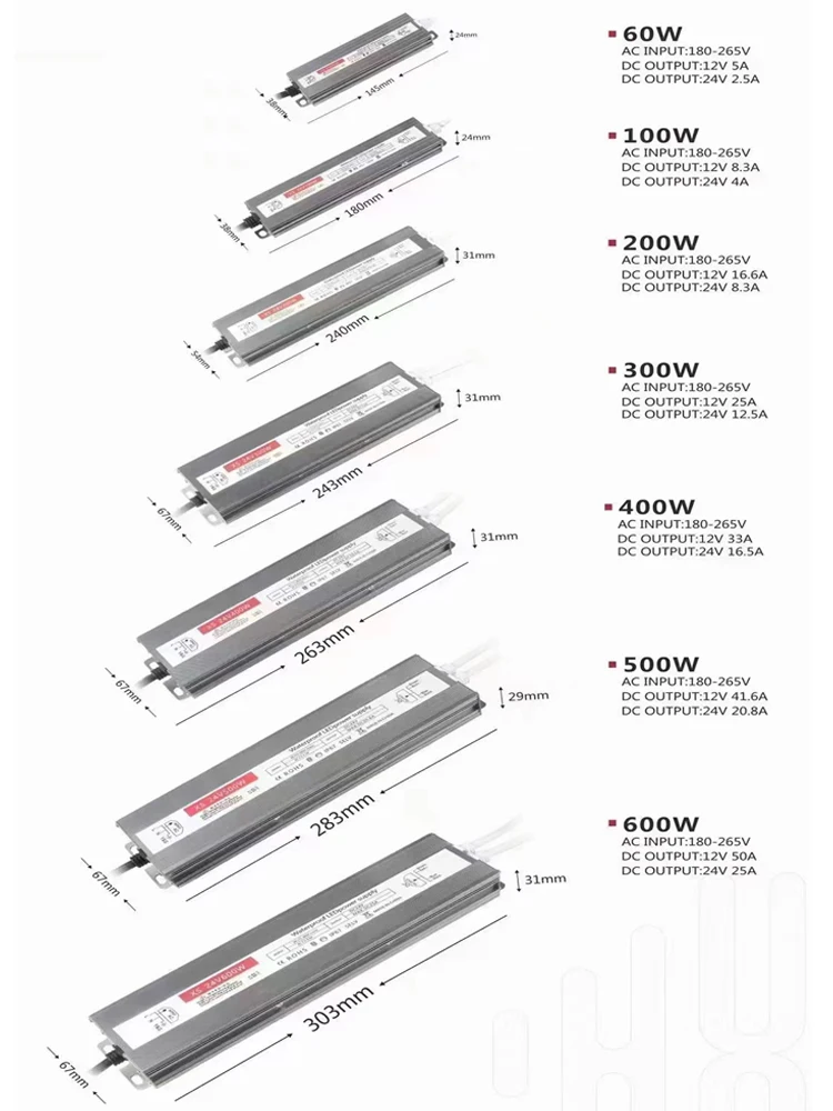 防水IP67屋外照明トランスフォーマー,LEDドライバー電源,175-26vからdc 12v 24v,60w 100w 150w 200w 300w 600w