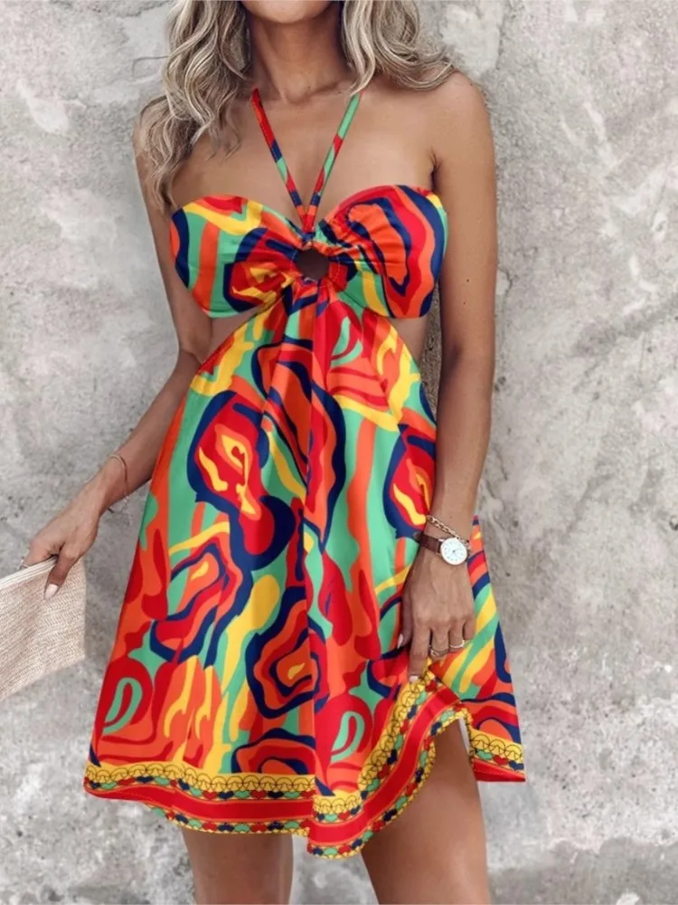 

Summer New Women's Fashion Printed Sexy Off Shoulder Hanging Neck Wrapped Chest Hollow Waist Short Dress