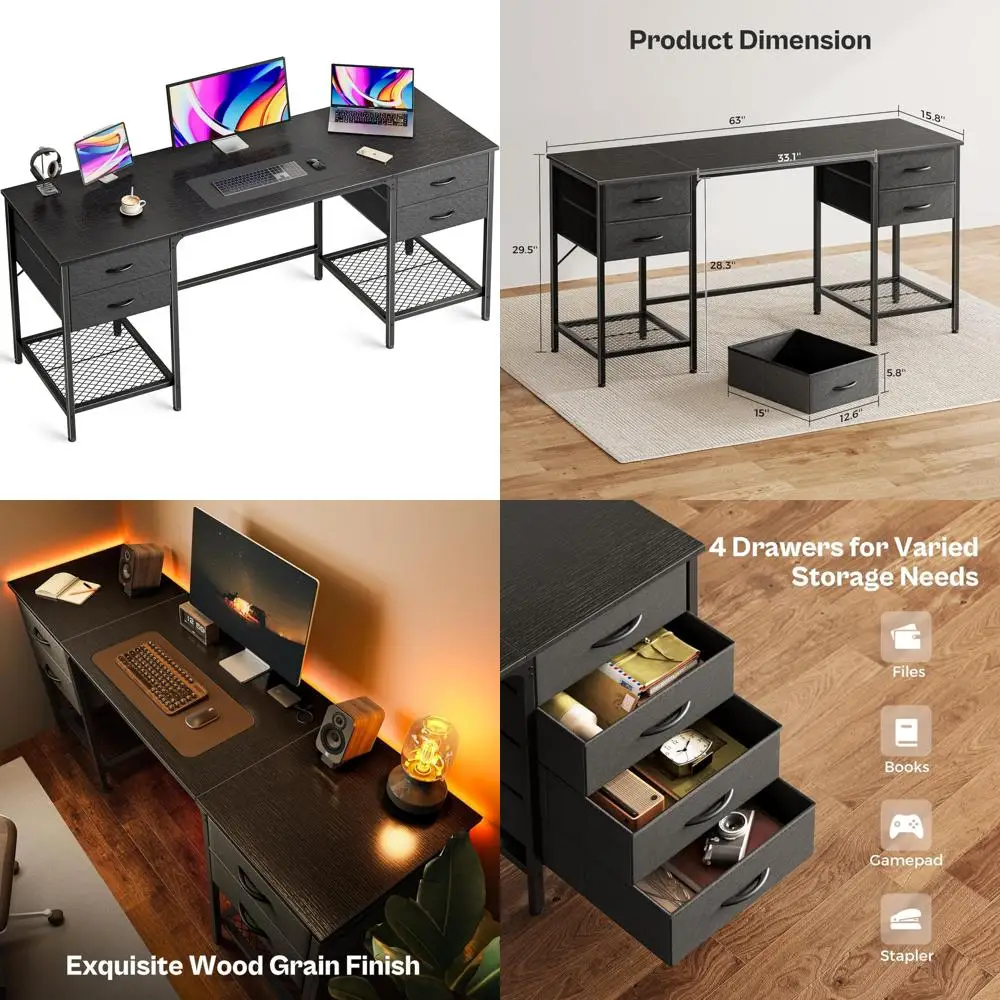 Grande mesa de computador para jogos de 63 polegadas com 4 gavetas, prateleira de malha, amplo armazenamento para escritório doméstico, estudo, uso no quarto