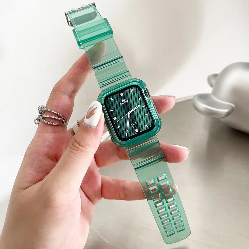 Clear Band+Case For Apple Watch 8 7 6 SE 5 3 2 1 Soft Transparent Silicone Strap For iWatch Strap 40mm 44mm 42mm 41mm 45mm 49mm