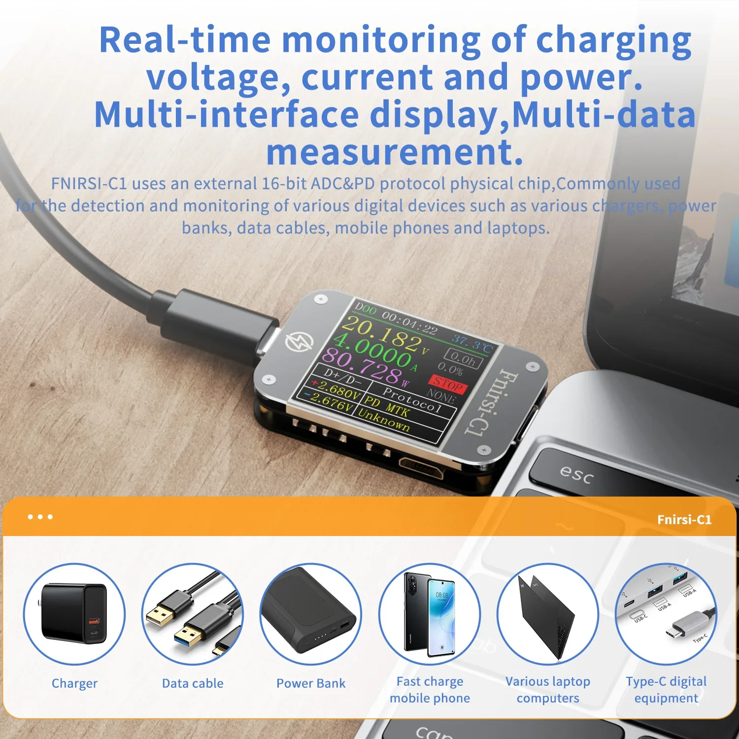 FNIRSI-C1 Type-C PD Trigger USB Tester Voltmeter Ammeter Fast Charging Test Type-C Meter Power Bank tester With PC Software