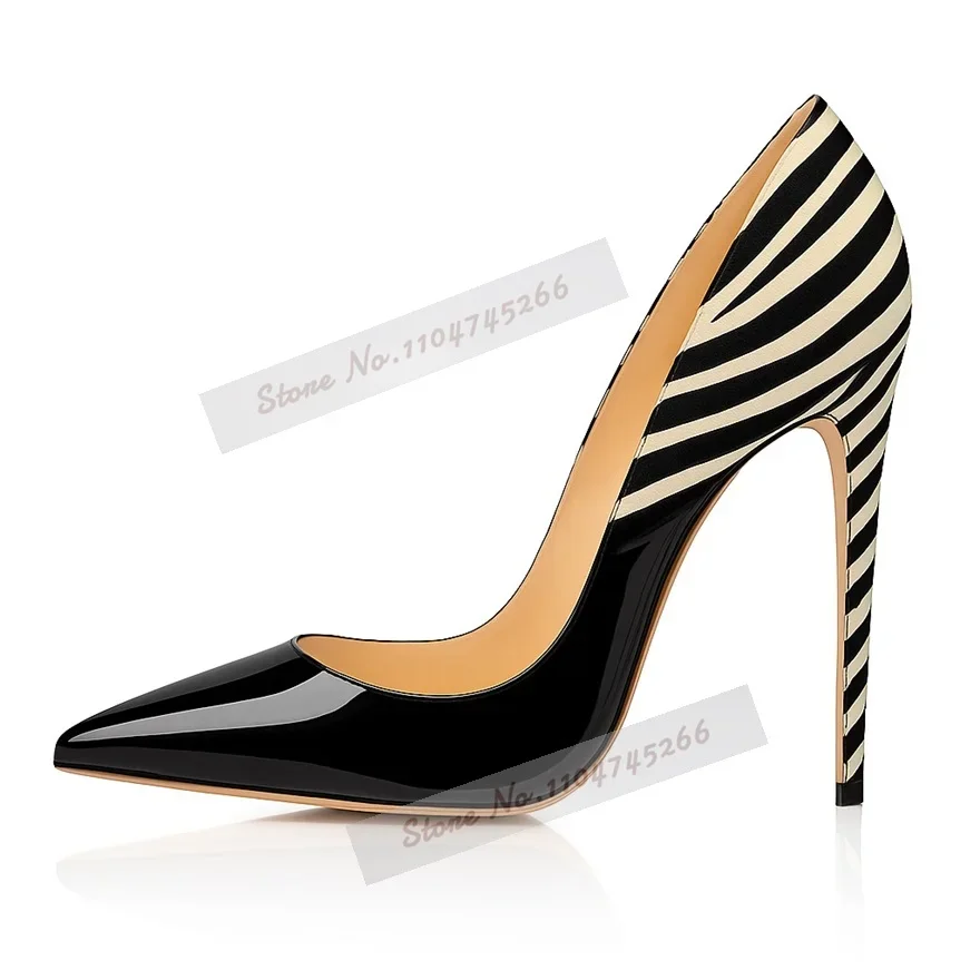 Pink Mirror Leather Pointed Toe High Heel Shoes Zebra Striped Leopard Color Patchwork Banquet Pumps Slip-On Shallow Heel 12-10cm