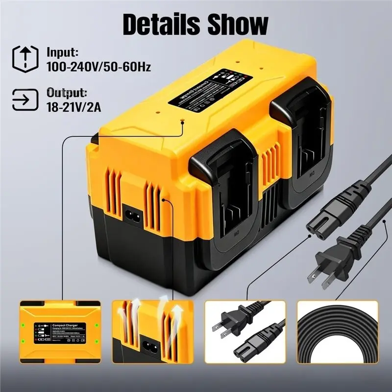 ABKI-For Dewalt 20V 60V Max Lithium Batteries- 4-Port Fast Battery Charger DCB200 DCB204 DCB205 DCB206 DCB606 DCB609 US Plug