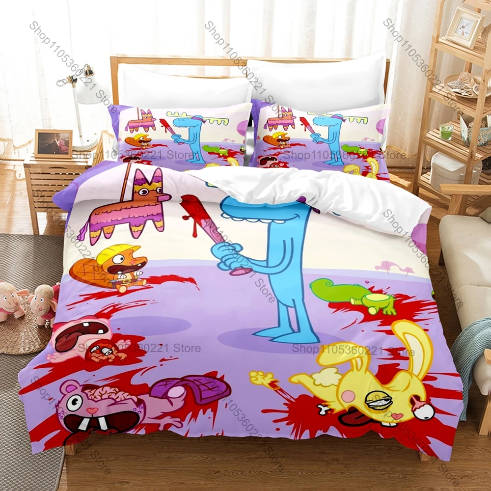 Happy Tree Friends Bedding Set 3PCS Kawaii Anime Printed Duvet Cover Pillowcase Bedroom Decor Twin Full Queen King Size New