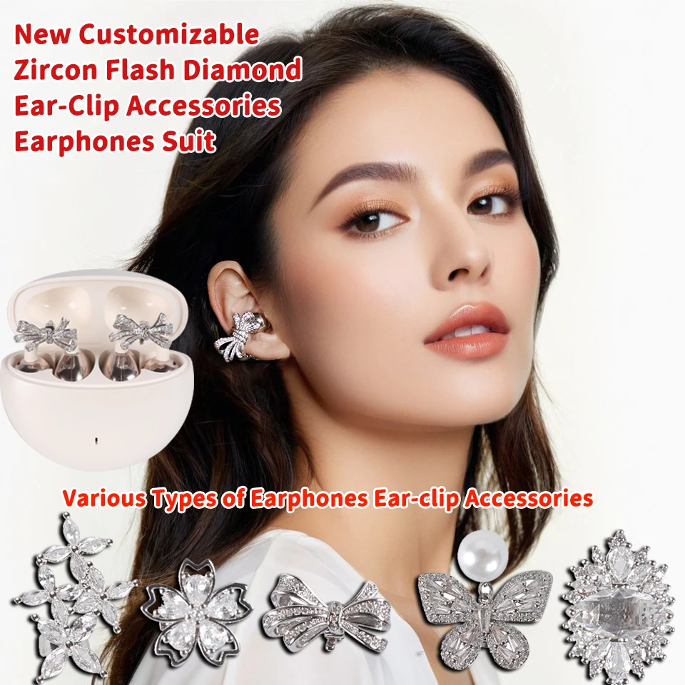 

New Custom Bling Diamond Accessories Earphones Suit Wireless Hi-Fi Stereo Earpods With Zircon Ear-Clip Jewelry For Girl Gifts