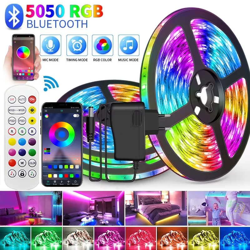 LED Strip Lights RGB Led Light DIY Flexible Ribbon Tape Music Sync Color Changing Luces Led Christmas Lights Room Decor EU Plug