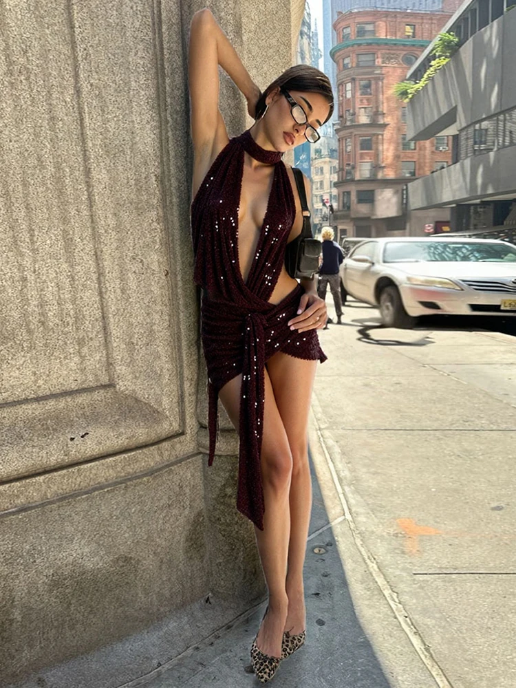 Sisterlinda Sequin Halter Mini Dress Sexy New Shiny Stunning Irregular Backless Low Neck Bodycon Mujer Coquette Nighout Clubwear