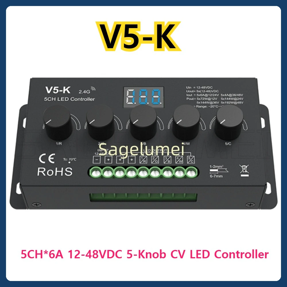 V5-K NEW Skydance RF 2.4G 5CH*6A 12-48VDC 5-Knob CV LED Controller Dimming for Single color,CCT, RGB, RGBW, RGB+CCT LED strips