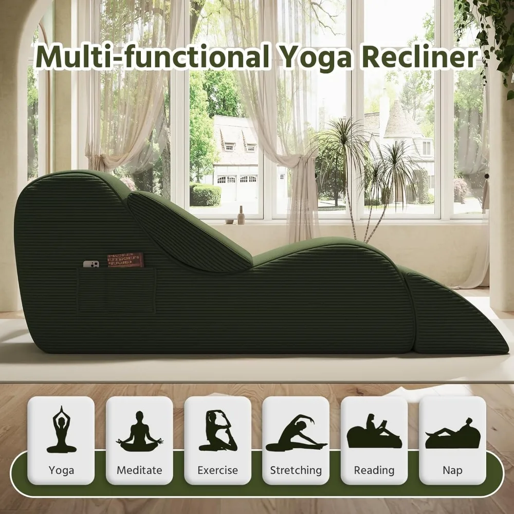 Adult Yoga Chairs: Ergonomic Lounge Chaise with Waist and Foot Support, Side Pockets, High Density Foam, Non-Slip Base, Comforta