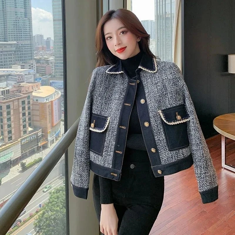 Jaket Denim Korea untuk wanita, mantel lengan panjang longgar jahitan kontras desain baru Musim Semi dan Gugur 2023