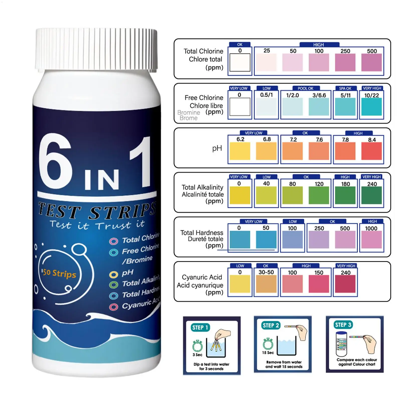 شرائط اختبار حمام السباحة جهاز اختبار مياه البركة المحمولة 6 في 1 شرائط اختبار المياه للمياه المالحة سبا المياه العذبة المنزل حوض استحمام ساخن بركة الشرب