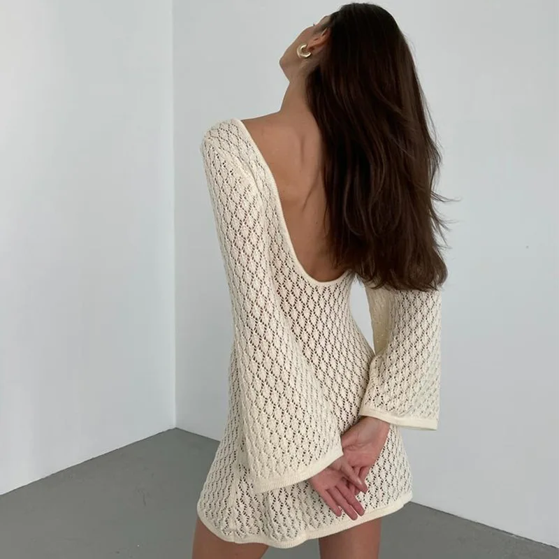 

Knitted Mini Sundress Long Sleeve Crochet Dresses See Through With Chest Cut Out Open Back Dress Vacation Outfit Sexy Women