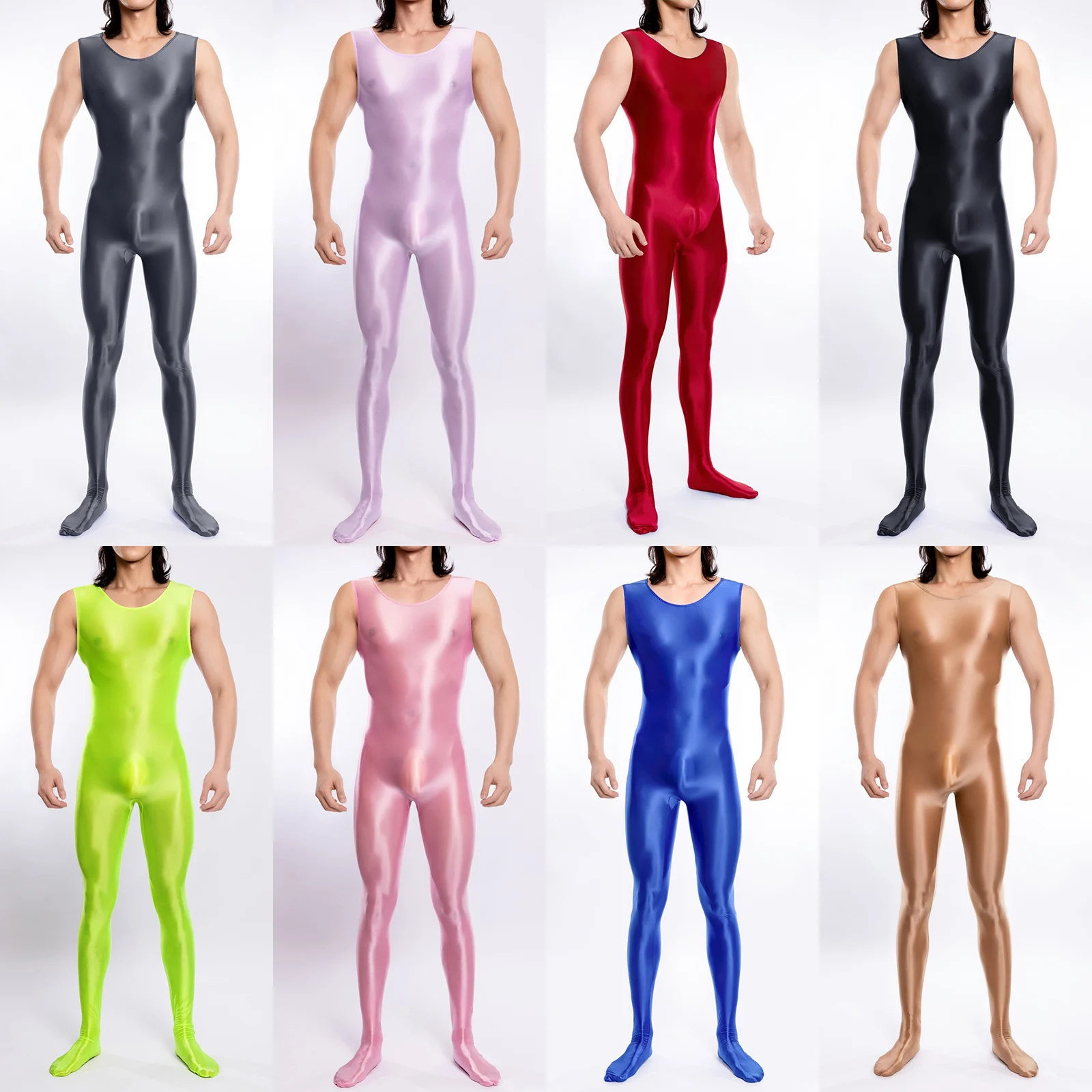 Men Yoga Body-shaped Jumpsuit Costumes Glossy Stretchy Fitness Gym Comfortable Body Legging Sleeveless Footed Bodysuit Jumpsuit