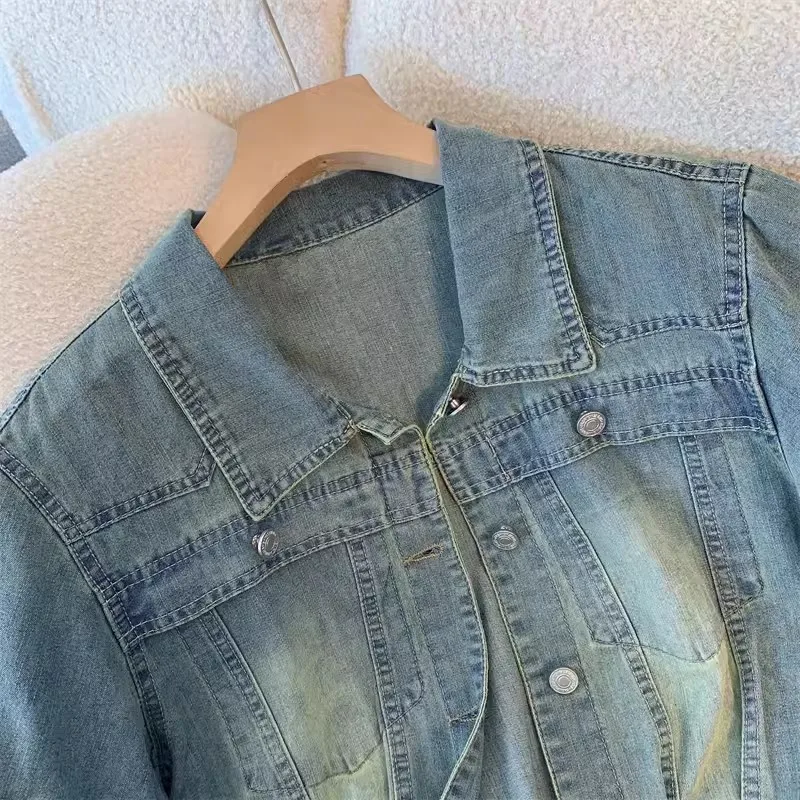 2024 Summer Women Blue Thin Slim Short Denim Jacket Korean Turndown Collar Short Sleeve Single-breasted Jeans Jacket Coat Female