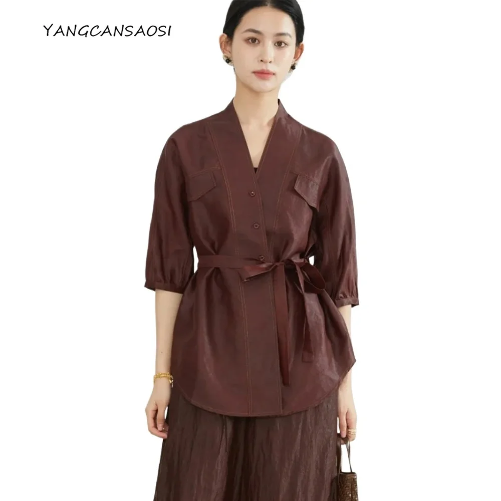 Moda damska wiosna/jesień nowy styl 100% naturalny jedwab morwowy czerwona włóczka chmurkowa dekolt w serek rękaw trzy czwarte kurtka kardigan