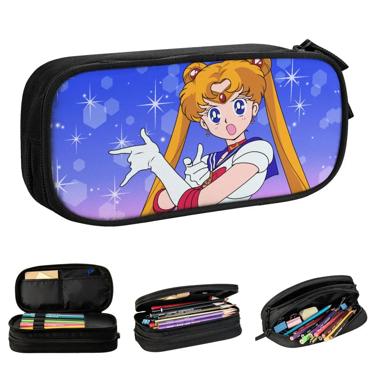 Kotak Pensil Anak Perempuan Imut Cantik Pena Kotak Pensil Bulan Anime untuk Siswa Tas Kapasitas Besar Alat Tulis Ritsleting Kantor