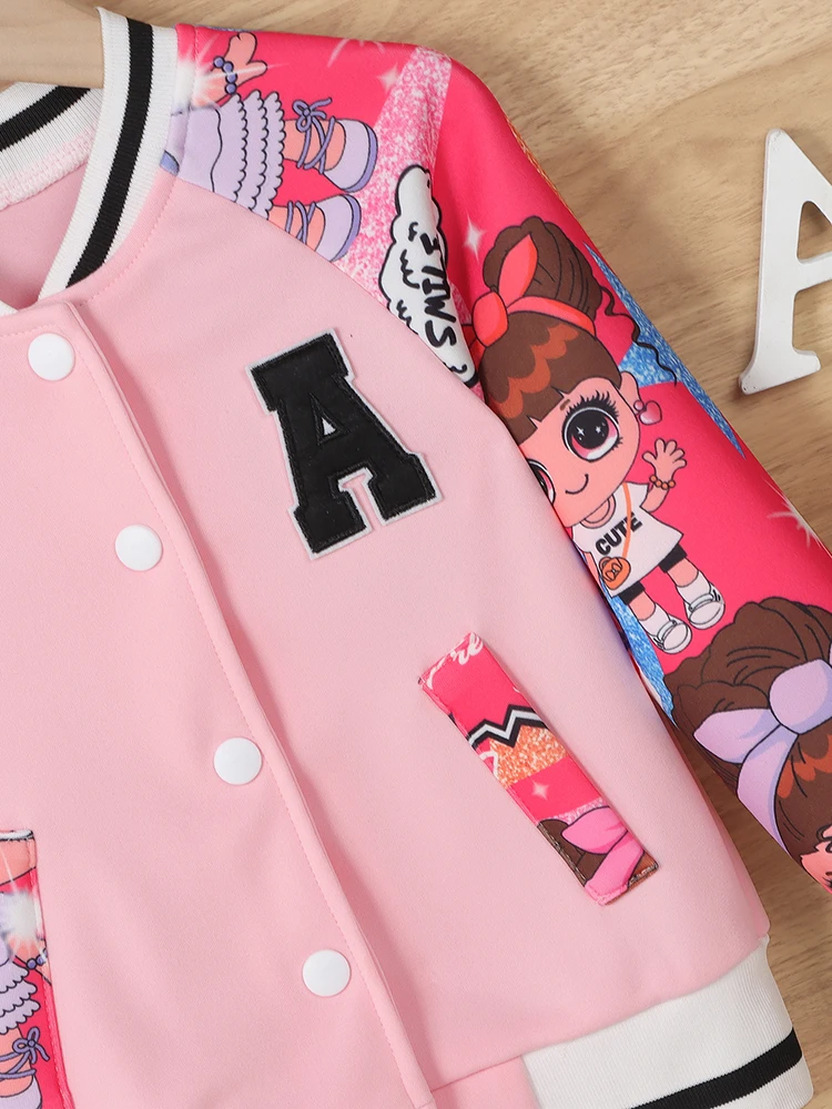 Girls Letter“A” Pattern Cartoon Doll Print Baseball Uniform Jacket, Kids\'s Spring and Autumn Casual Jacket