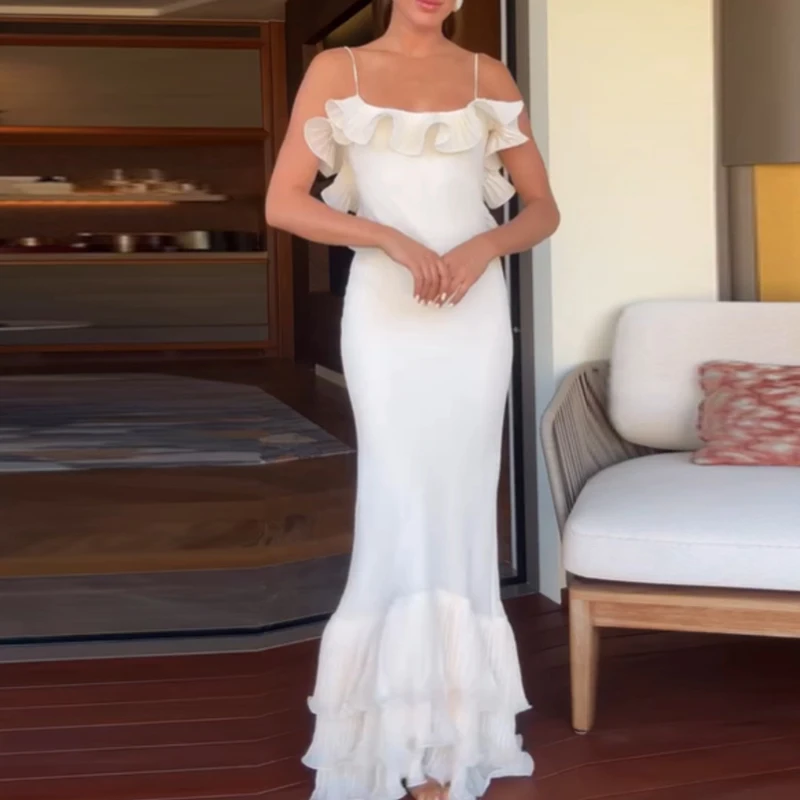 Vestido Sexy sin espalda de cintura alta, corte en A, diseño de borde de hoja de loto, vestido largo ajustado para mujer, nuevo vestido de fiesta liso sin mangas hueco 2025