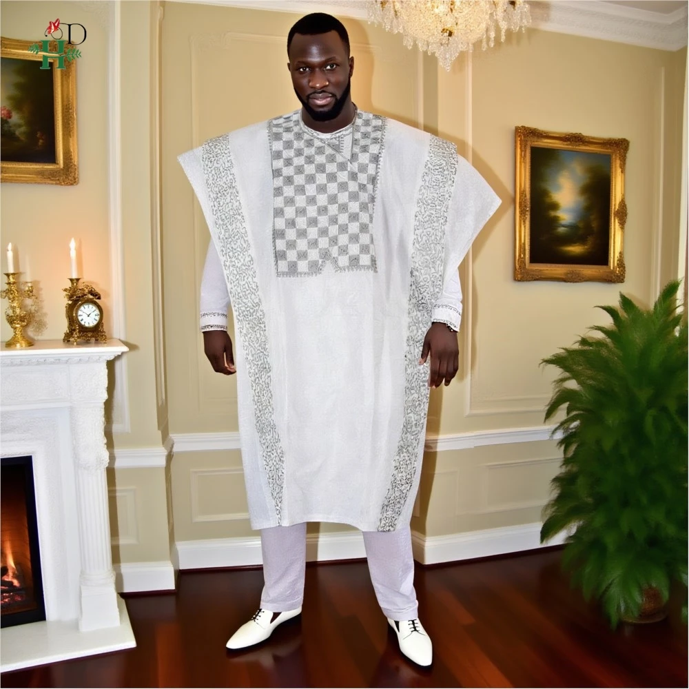 

2025 New In African Summer Men's Long Sleeve Suit White Embroidery Dashiki Shirt Pants Sets 3 Pieces Outfits Wedding Party Thobe