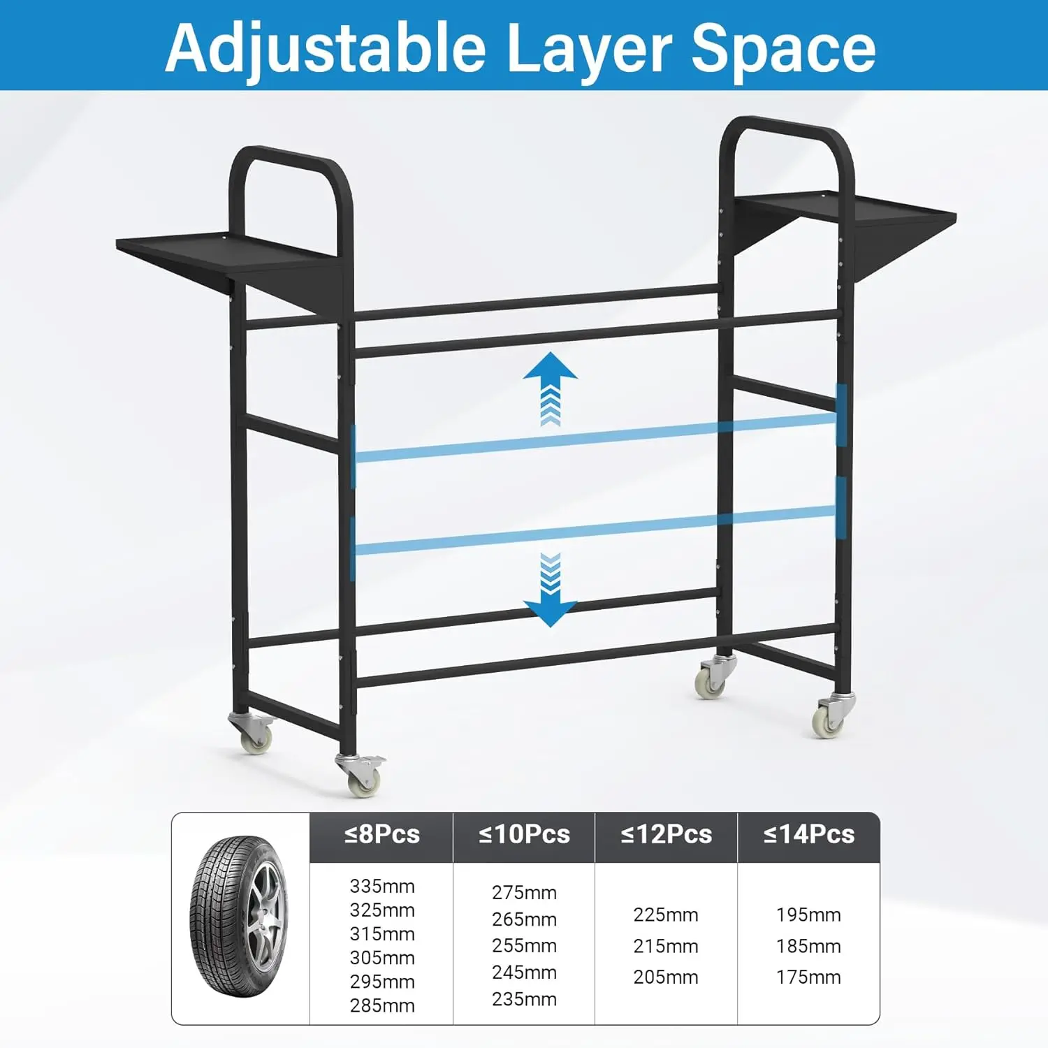 Adjustable Rolling Tire Rack with Anti-dust Cover, 4 Swivel Casters & 2 Shelves for Garage Storage