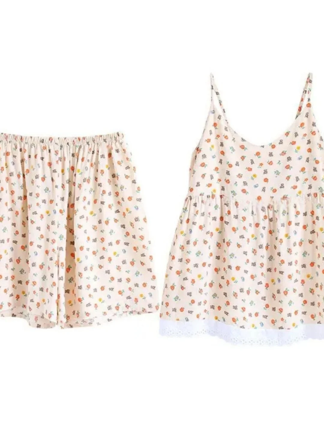 

Sweet Floral Print Chemise Nightgown Women Summer Casual Wear Short Pants Two-Piece Set Lace Splicing plus Size 300 Pounds