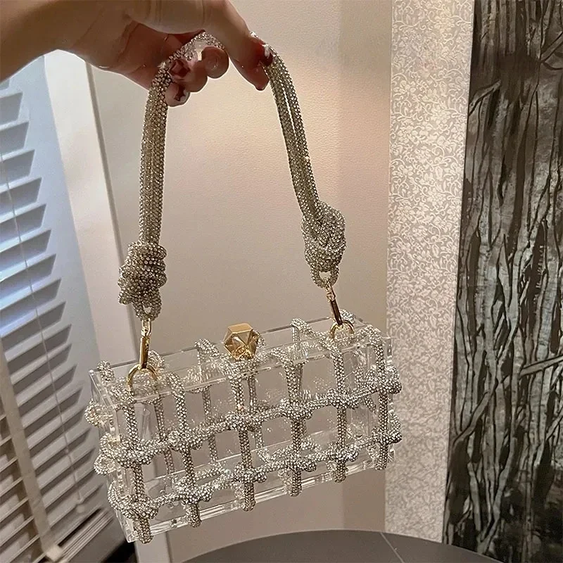 

Diamond Clear Acrylic Box Evening Clutch Bags Women Boutique Woven Knotted Rope Rhinestone Purse and Handbags Wedding Party Ins