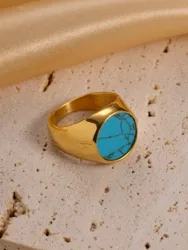 Classic French Court-Style Stainless Steel Ring with Blue Turquoise — Elegant 18K Gold-Plated, Stylish, and Waterproof Jewelry