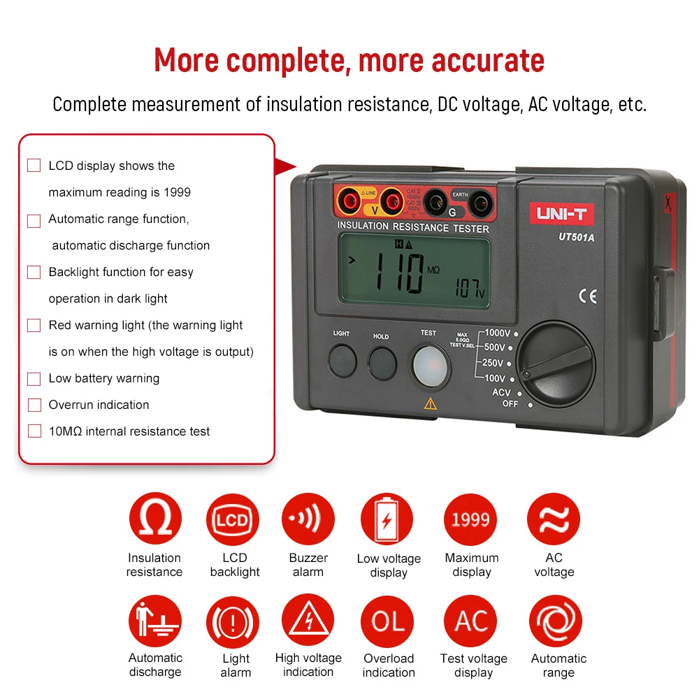 UNI-T UT501 UT502 Insulation Resistance Tester Digital Ohmmeter Megohmmeter Professional Ohm Measurement Tester Voltmeter