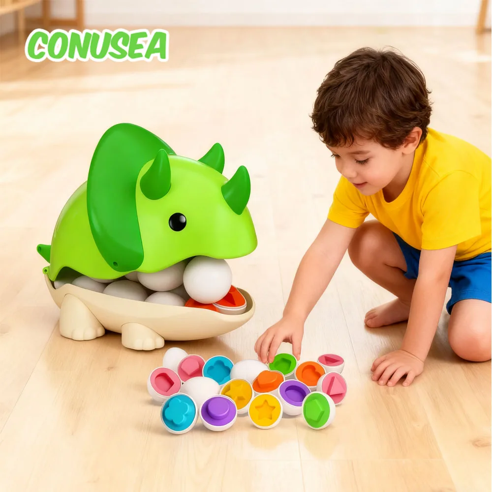Giocattoli per bambini Scatola di immagazzinaggio di uova intrecciate di dinosauro Forma di triceratopo Riconoscimento del colore abbinato Giocattolo per l'apprendimento precoce del neonato