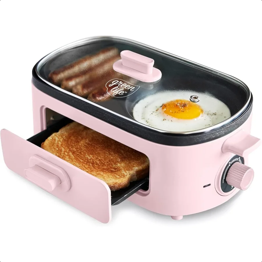 

3in1 Breakfast Maker Station Healthy Ceramic Nonstick Dual Griddles for Eggs Meat Sausage Bacon Pancakes and Breakfast Sandwich