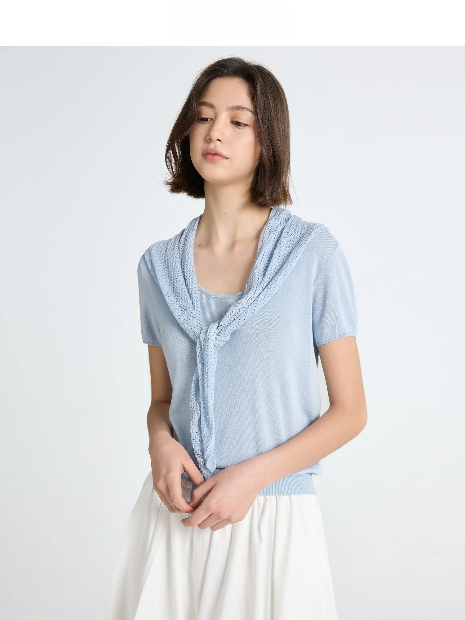 

JINNAN 100% Lyocell Soft Style Knitted Sweater Shawl Two-Piece Set Women's Casual Loose Fit Short Sleeve Regular Length